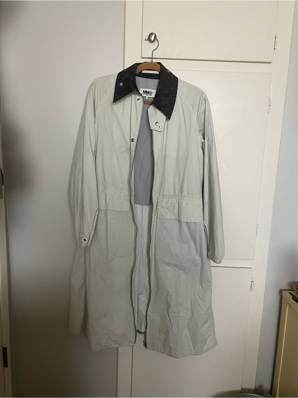 MM6 Maison Martin Margiela Pale Gray Trench Coat with Dark Contrast Collar